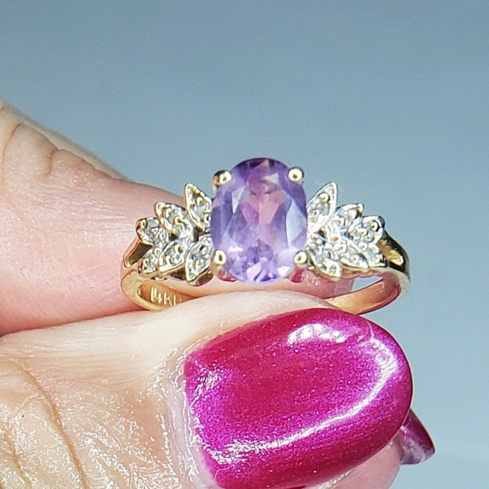 Vintage 14K Fine Yellow Gold Oval Amethyst Diamond Cocktail Ring - Picture 2 of 12